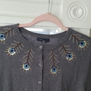 Lands' End Gray Cardigan with Peacock Feather Embroidery Size M (10 - 12)